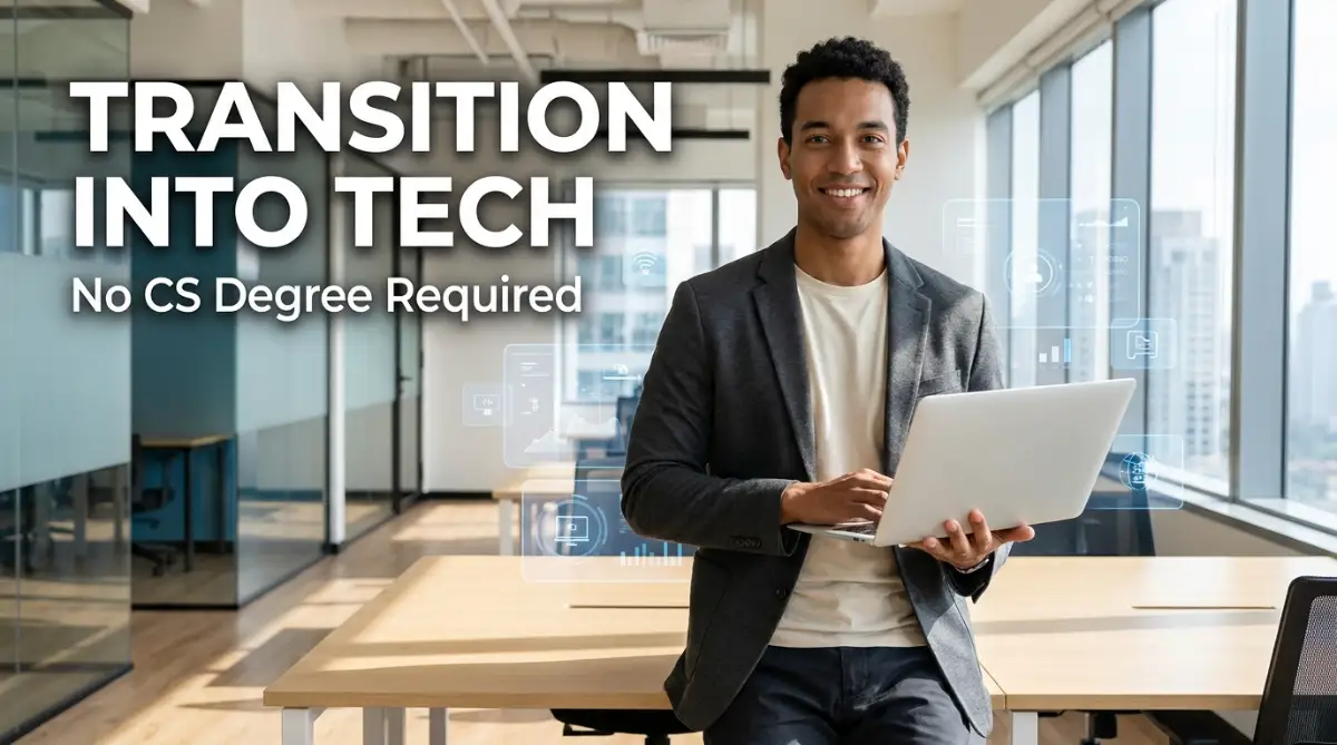 A confident young professional holding a laptop, representing a successful transition into the tech industry without a traditional computer science background.