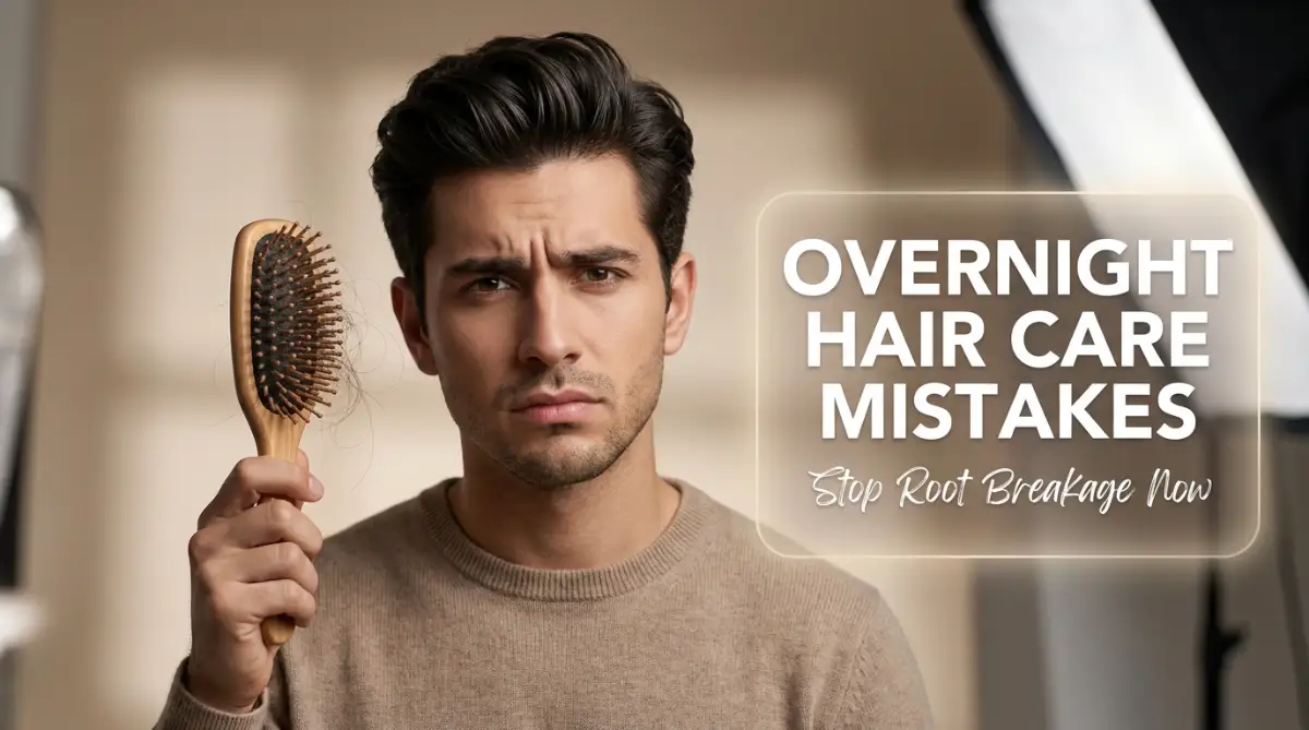 A concerned young man examining a hairbrush, realizing his nighttime sleeping habits are causing unnoticed hair root breakage.