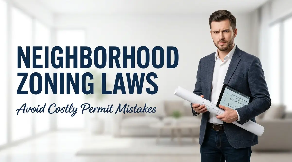 A concerned young homeowner holding renovation blueprints, figuring out how to navigate confusing neighborhood zoning laws and building permits.