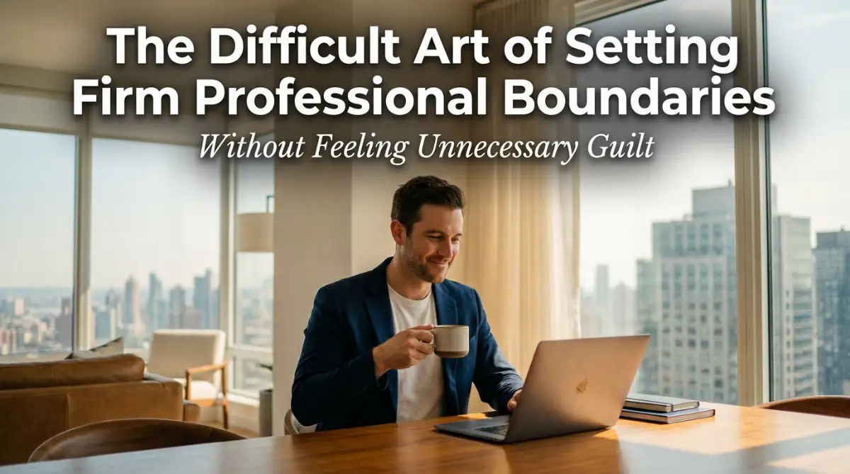 A confident young male professional in a navy blue blazer standing in a clean workspace, illustrating the concept of setting firm professional boundaries without feeling guilt.