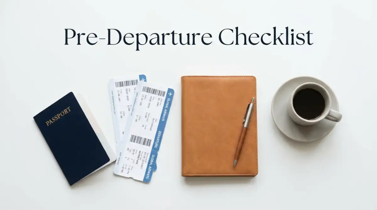 A clean desk showing a passport, plane tickets, and a notebook representing the ultimate pre-departure preparation checklist for a future expat.