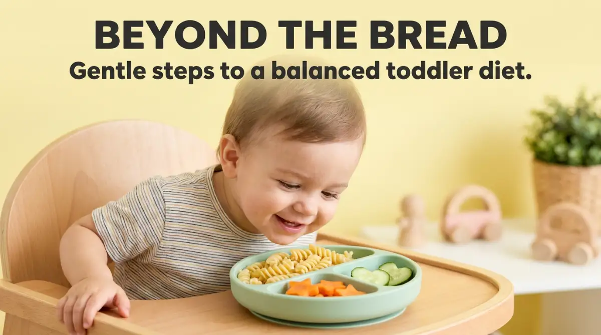 A happy toddler looking curiously at a colorful plate of mixed pasta and vegetables, representing a gentle transition from a carb-only diet to a healthy, balanced meal without crying.