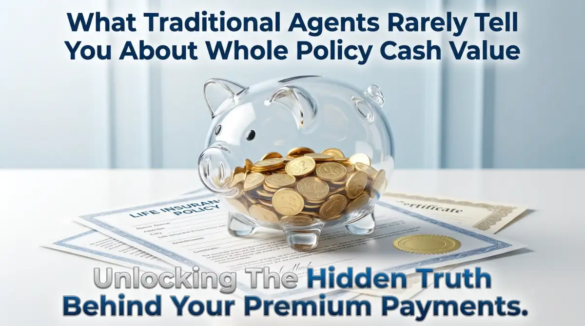 A detailed view of a glass piggy bank resting on life insurance documents, illustrating the hidden truth about whole life policy cash value and how guaranteed growth really works behind the scenes.